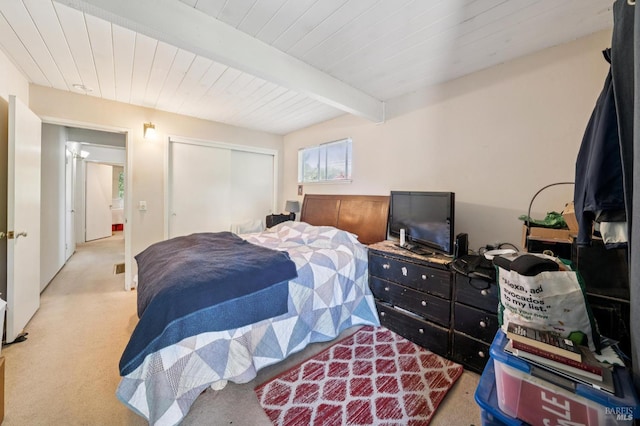 15 Montecito Dr, Corte Madera, CA 94925 - bedroom with carpet floors, a closet, and a wooden ceiling with exposed beams