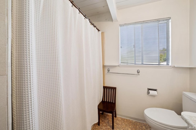 15 Montecito Dr, Corte Madera, CA 94925 - full bath with a shower with shower curtain and beamed ceiling