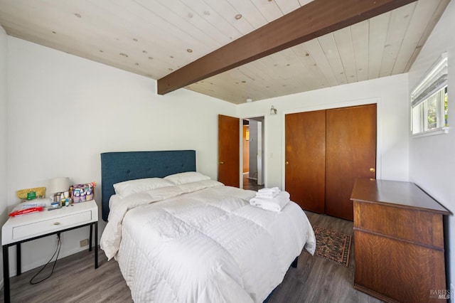 15 Montecito Dr, Corte Madera, CA 94925 - bedroom featuring wood finished floors, a closet, and a wooden ceiling with exposed beams
