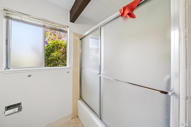 15 Montecito Dr, Corte Madera, CA 94925 - full bathroom with beamed ceiling and shower / bath combination with glass door