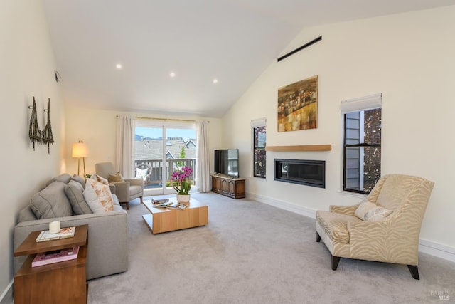1 Drakes View Cir, Greenbrae, CA 94904 - carpeted living room featuring high vaulted ceiling, a glass covered fireplace, and recessed lighting