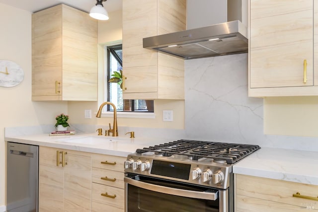 1 Drakes View Cir, Greenbrae, CA 94904 - kitchen featuring appliances with stainless steel finishes, wall chimney exhaust hood, light brown cabinets, light stone counters, and modern cabinets
