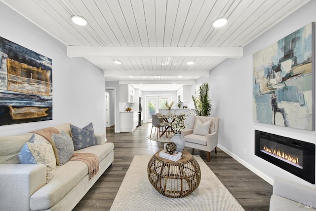 2876 Hilltop Rd, Concord, CA 94520 - living room featuring recessed lighting, a glass covered fireplace, dark wood-type flooring, and a wood ceiling with exposed beams