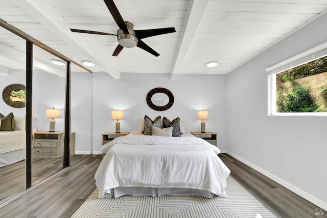 2876 Hilltop Rd, Concord, CA 94520 - bedroom featuring beam ceiling, wood finished floors, and ceiling fan
