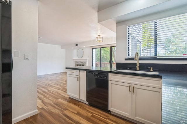 14 Summerhill Way, San Rafael, CA 94903 - kitchen featuring dishwasher, dark countertops, wood finished floors, open floor plan, and white cabinets