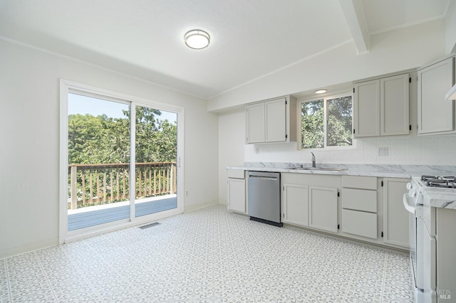 23 Hillside Dr, Fairfax, CA 94930 - kitchen with stainless steel dishwasher, white gas range, light stone counters, and tasteful backsplash