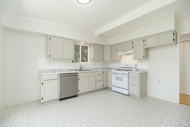 23 Hillside Dr, Fairfax, CA 94930 - kitchen with dishwasher, white range with gas stovetop, under cabinet range hood, beamed ceiling, and light flooring