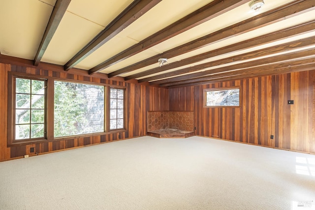 23 Hillside Dr, Fairfax, CA 94930 - unfurnished living room with wood walls, carpet floors, and beam ceiling