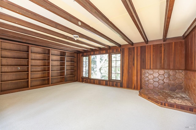23 Hillside Dr, Fairfax, CA 94930 - unfurnished living room with beamed ceiling, wooden walls, and carpet floors