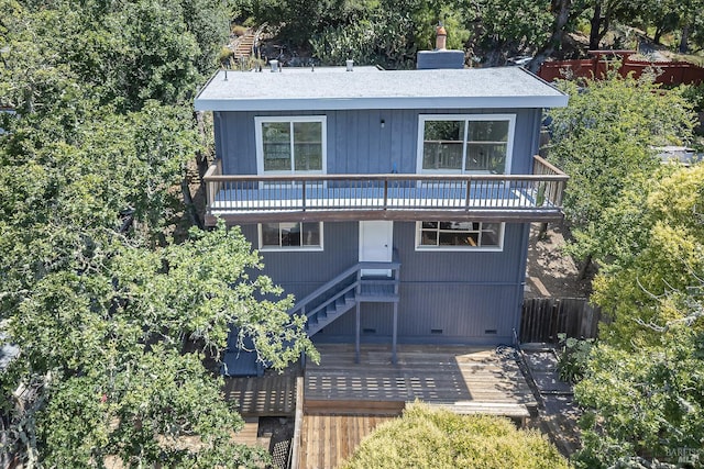 23 Hillside Dr, Fairfax, CA 94930 - view of front of house featuring a deck, stairs, crawl space, and a chimney