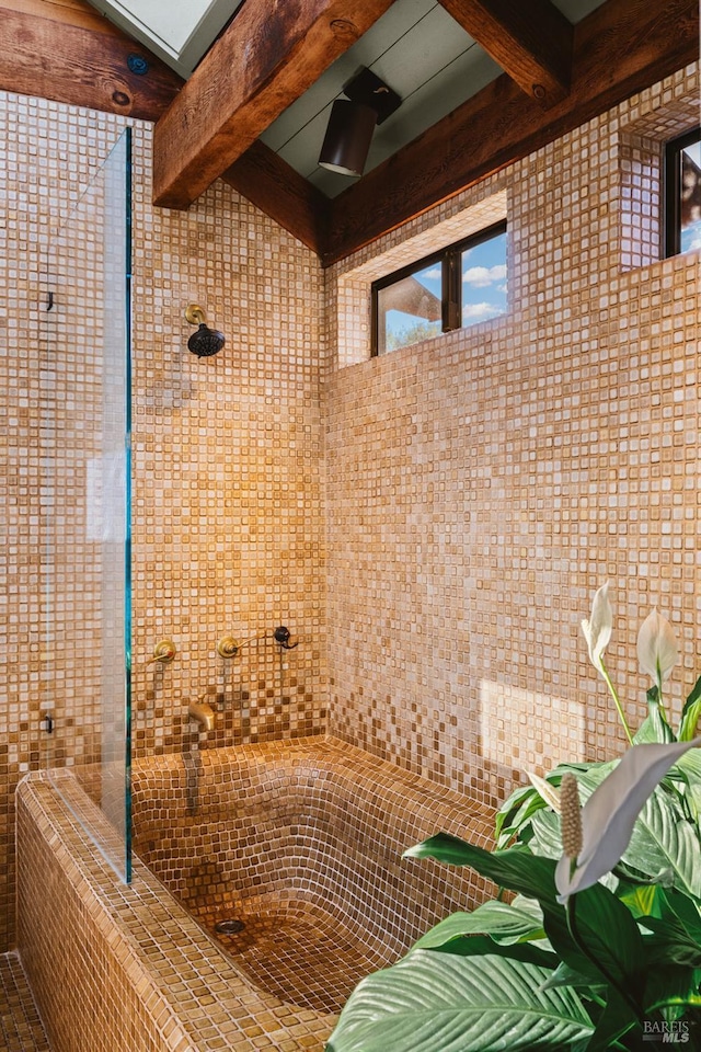11 Walla Vis, Stinson Beach, CA 94970 - bathroom with beam ceiling and a tile shower
