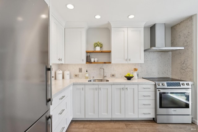 14 Corte Real Ct, Greenbrae, CA 94904 - kitchen featuring stainless steel appliances, wall chimney exhaust hood, open shelves, white cabinetry, and recessed lighting