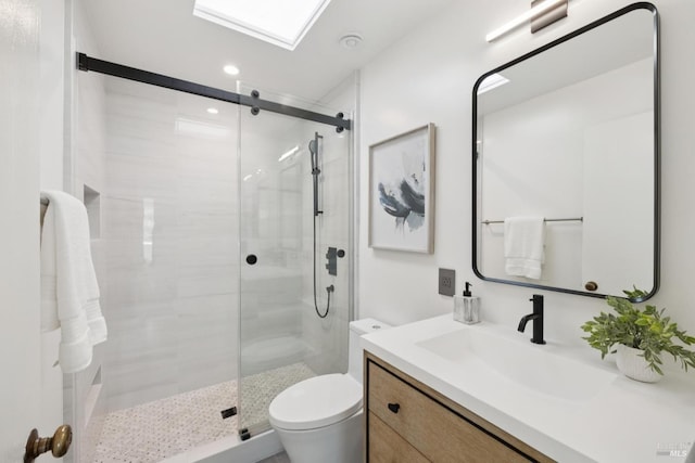 14 Corte Real Ct, Greenbrae, CA 94904 - full bath featuring vanity, a stall shower, a skylight, and recessed lighting