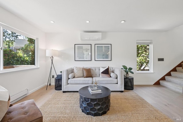 14 Corte Real Ct, Greenbrae, CA 94904 - living room with a wall mounted air conditioner, healthy amount of natural light, stairs, wood finished floors, and recessed lighting