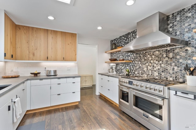71 Convent Ct, San Rafael, CA 94901 - kitchen with double oven range, wall chimney exhaust hood, backsplash, open shelves, and recessed lighting