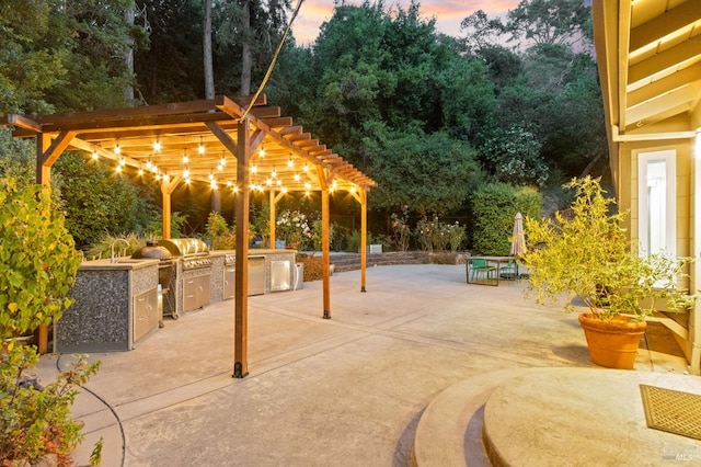 71 Convent Ct, San Rafael, CA 94901 - patio terrace at dusk featuring an outdoor kitchen, a pergola, and a patio