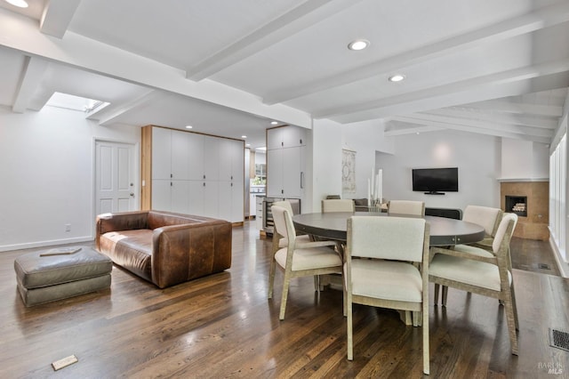 71 Convent Ct, San Rafael, CA 94901 - dining area featuring beam ceiling, dark wood-style flooring, recessed lighting, and a fireplace