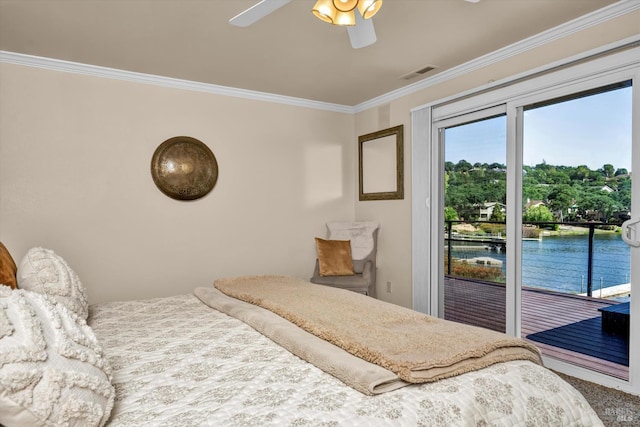 18903 N Shore Dr, Hidden Valley Lake, CA 95467 - bedroom featuring access to exterior, ornamental molding, ceiling fan, and a water view