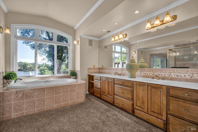 18903 N Shore Dr, Hidden Valley Lake, CA 95467 - bathroom with double vanity, a bath, tiled shower, tasteful backsplash, and lofted ceiling