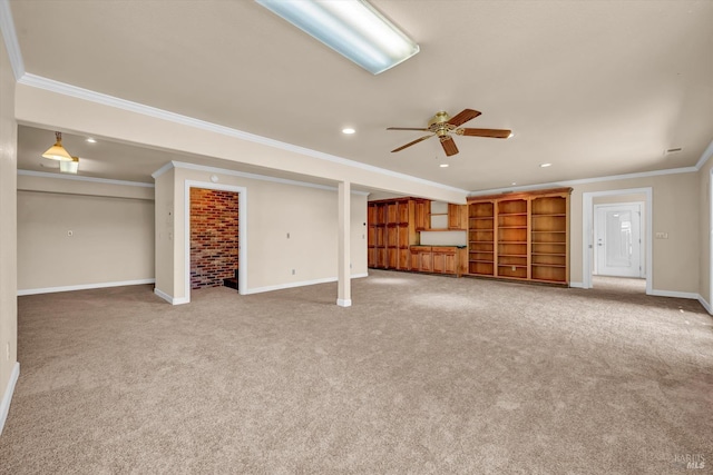 18903 N Shore Dr, Hidden Valley Lake, CA 95467 - unfurnished living room featuring a ceiling fan, carpet floors, ornamental molding, and recessed lighting