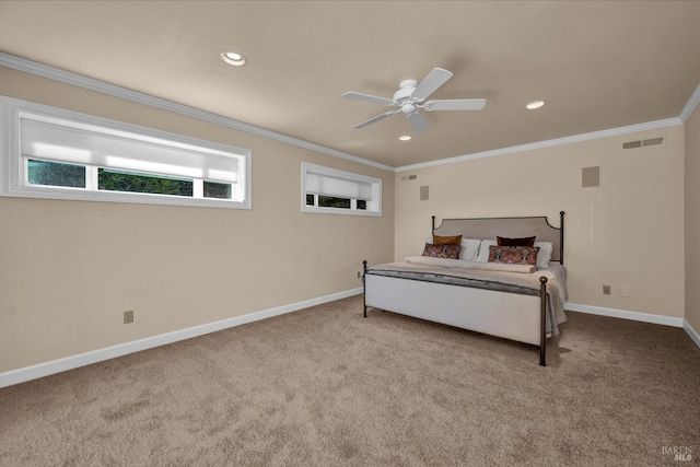 18903 N Shore Dr, Hidden Valley Lake, CA 95467 - carpeted bedroom featuring ornamental molding, recessed lighting, and ceiling fan