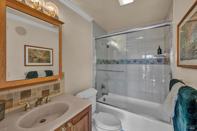 18903 N Shore Dr, Hidden Valley Lake, CA 95467 - bathroom featuring vanity, ornamental molding, enclosed tub / shower combo, and decorative backsplash