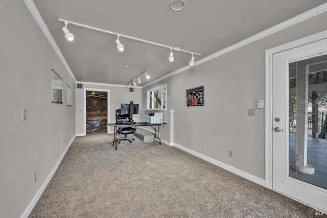 18903 N Shore Dr, Hidden Valley Lake, CA 95467 - carpeted office featuring rail lighting, crown molding, and healthy amount of natural light