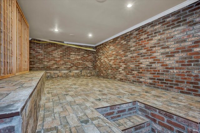 18903 N Shore Dr, Hidden Valley Lake, CA 95467 - basement with ornamental molding, brick floors, and recessed lighting