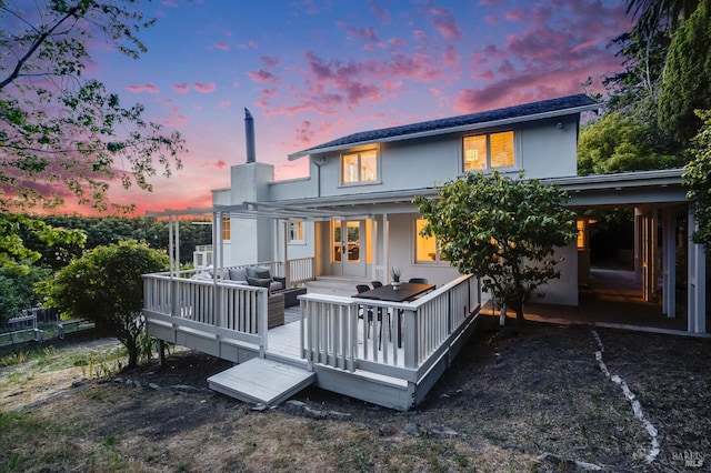 3337 Shoreline Hwy, Stinson Beach, CA 94970 - back of house featuring an outdoor living space, a deck, stucco siding, and french doors