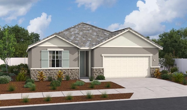 3073 Blue Opal Cir, Roseville, CA 95747 - view of front of home with stone siding, an attached garage, stucco siding, and concrete driveway
