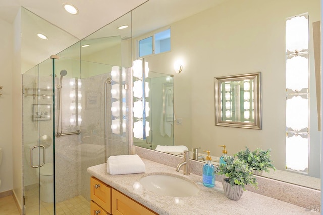 495 S Eliseo Dr Unit 7, Greenbrae, CA 94904 - bathroom with vanity, a stall shower, and recessed lighting