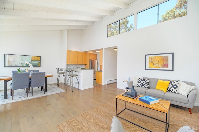495 S Eliseo Dr Unit 7, Greenbrae, CA 94904 - living area with baseboard heating, light wood finished floors, high vaulted ceiling, and a wooden ceiling with exposed beams