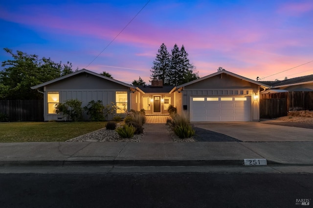 251 Donegal Way, Martinez, CA 94553 - ranch-style home featuring driveway, an attached garage, a chimney, and board and batten siding