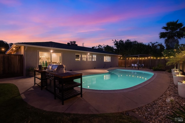 251 Donegal Way, Martinez, CA 94553 - pool at dusk featuring a patio area, a grill, and a fenced backyard