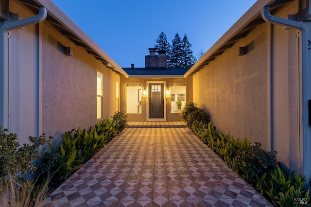 251 Donegal Way, Martinez, CA 94553 - property entrance with a chimney and stucco siding