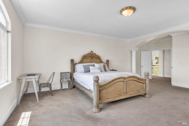955 Appleridge Pl, Fairfield, CA 94534 - bedroom featuring light colored carpet, crown molding, arched walkways, and decorative columns