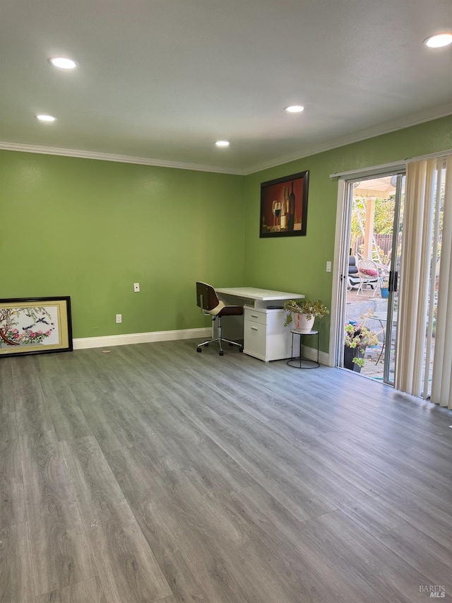 3418 Astoria Ct, Fairfield, CA 94534 - unfurnished office featuring crown molding, recessed lighting, and wood finished floors