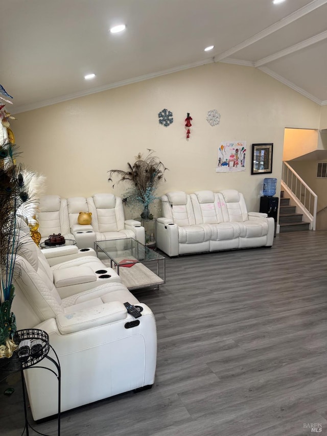 3418 Astoria Ct, Fairfield, CA 94534 - living area featuring wood finished floors, ornamental molding, recessed lighting, stairway, and lofted ceiling