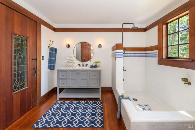 409 Summit Dr, Corte Madera, CA 94925 - full bath with wood finished floors, vanity, and a shower