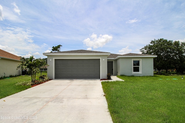 single story home featuring a front yard and a garage