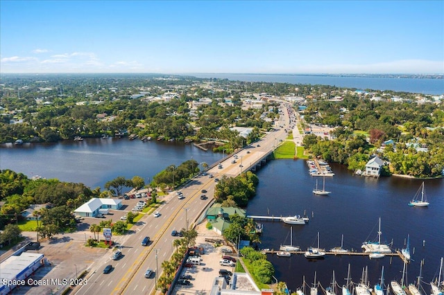 aerial view featuring a water view