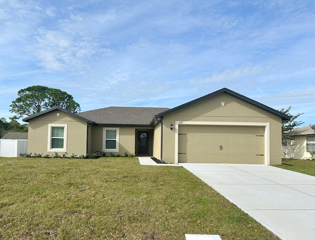 ranch-style home with a front lawn and a garage