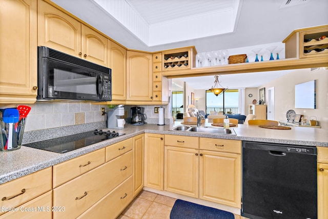 kitchen featuring backsplash, black appliances, light tile flooring, sink, and light brown cabinetry