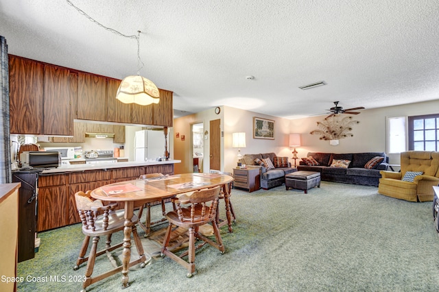 carpeted dining room featuring ceiling fan and a textured ceiling