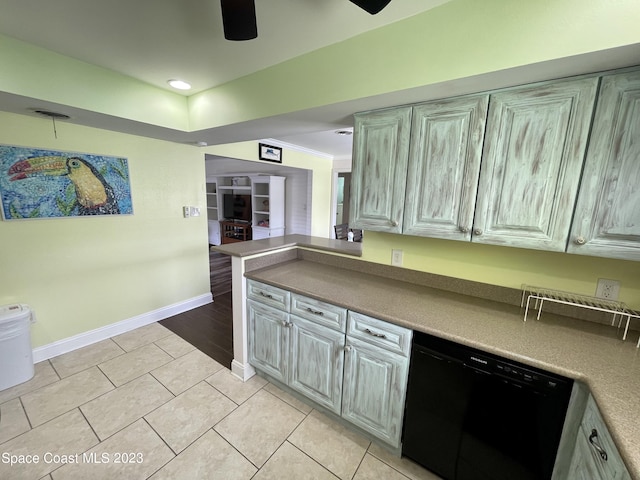 kitchen with crown molding, black dishwasher, ceiling fan, and light tile floors