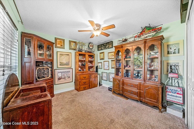 interior space featuring plenty of natural light, a textured ceiling, ceiling fan, and light colored carpet