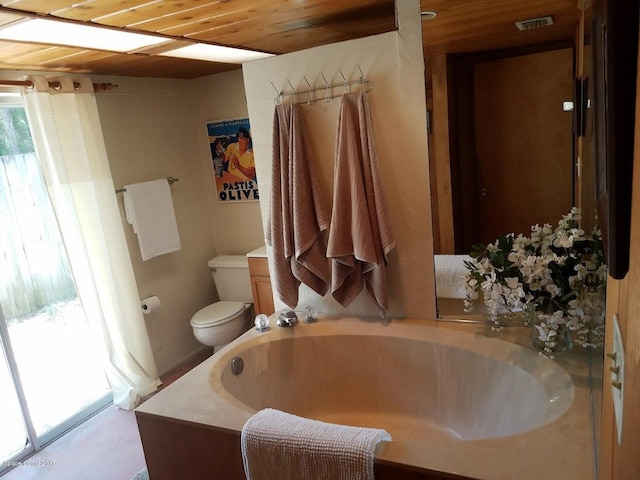 bathroom with a tub, toilet, and wooden ceiling