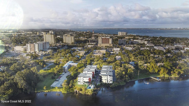 aerial view featuring a water view