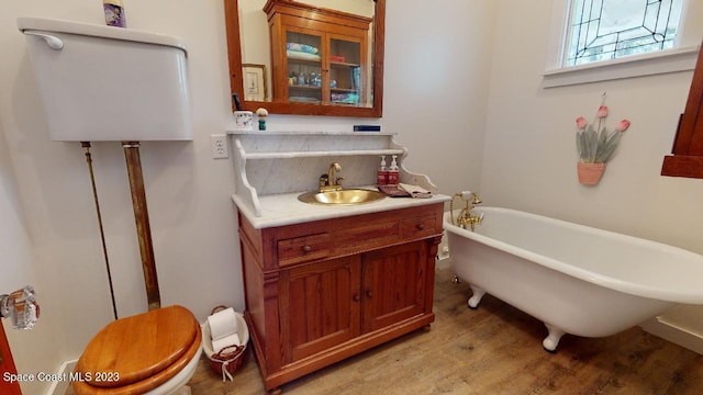 bathroom with vanity, a washtub, wood-type flooring, and toilet