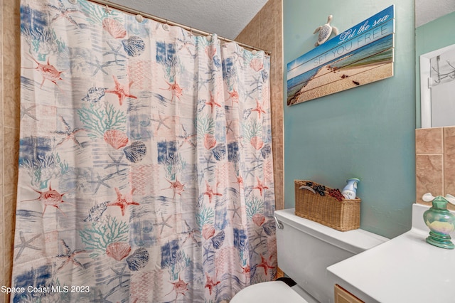 bathroom featuring toilet, vanity, and a textured ceiling